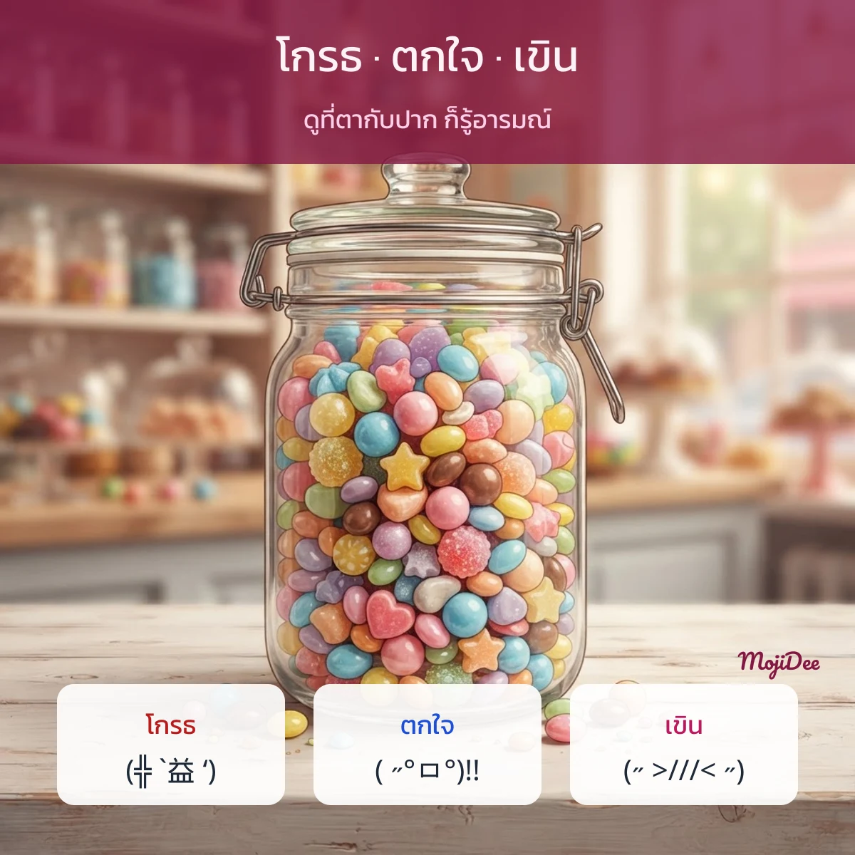 kaomoji โกรธ ตกใจ และ เขิน แยกตามอารมณ์ จาก MojiDee